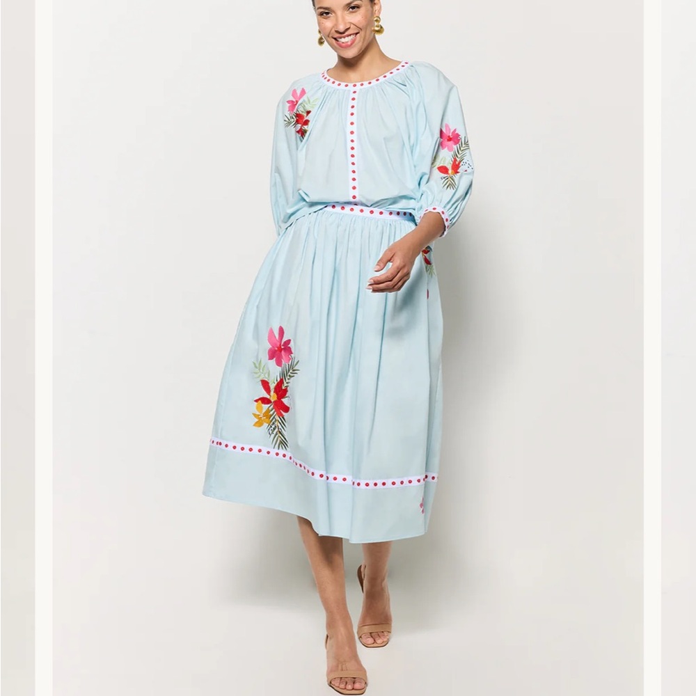 Fanm Mon Krosno Set Blouse Top & Midi Skirt Floral Embroidered Blue Small NWT